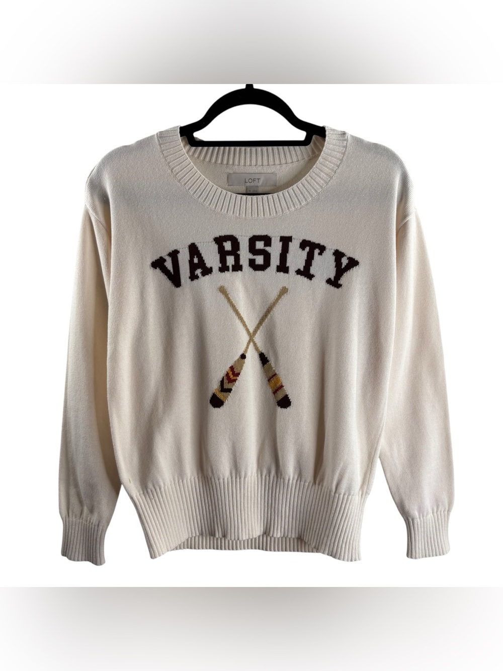 LOFT Cream Varsity Crewneck Sweater with VARSITY Crew Oar Motif $74